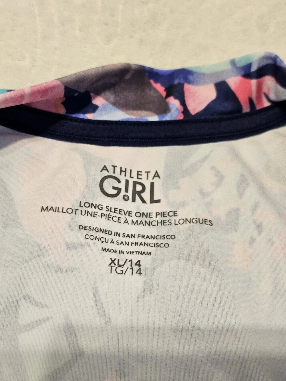 Athleta Girl Long Sleeve One Piece Swimsuit Rashguard Floral Navy Sz XL 14 Euc